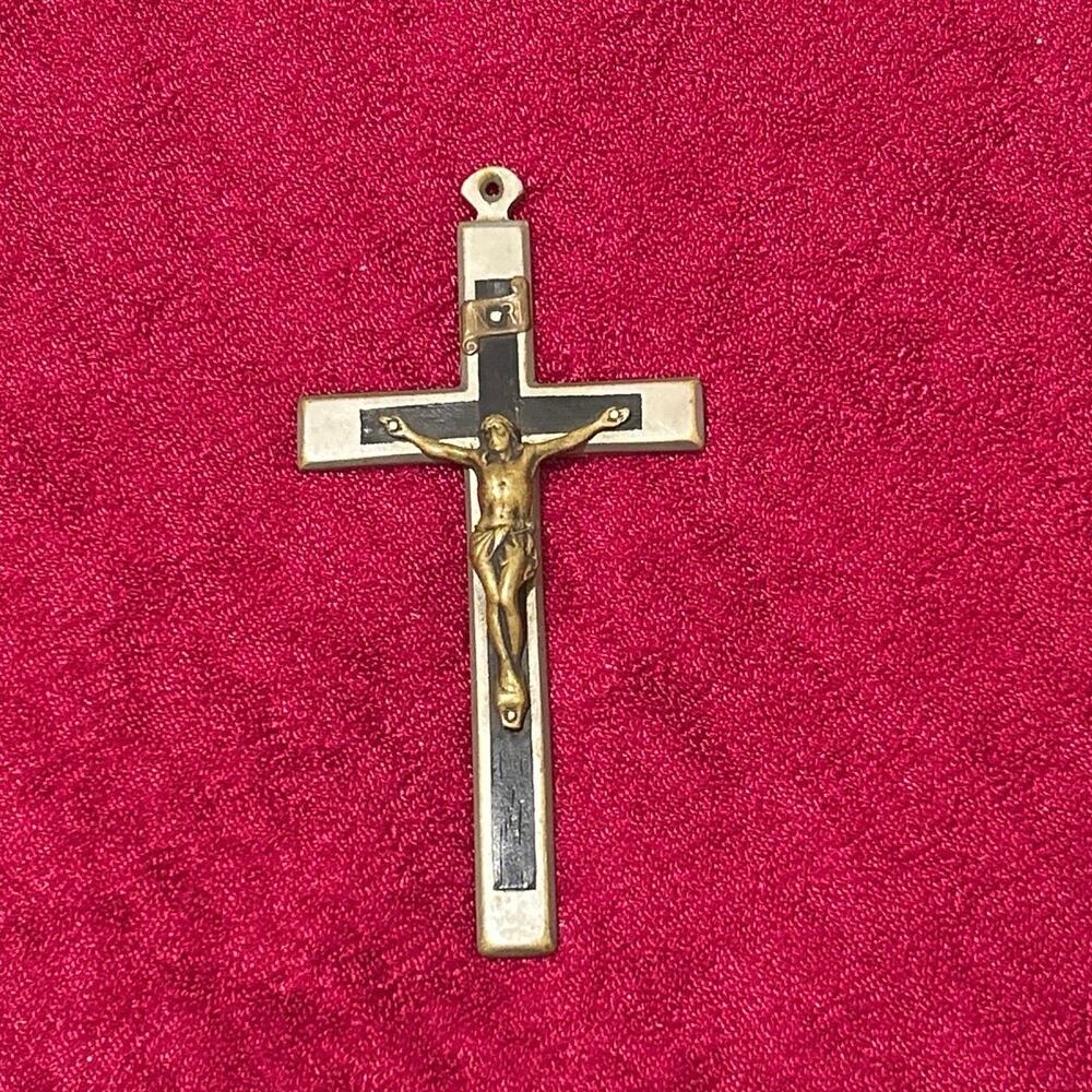 Vtg Mid-Century Brass,Metal & Wood Inlaid Catholic Crucifix Pendant 1950s/1970s